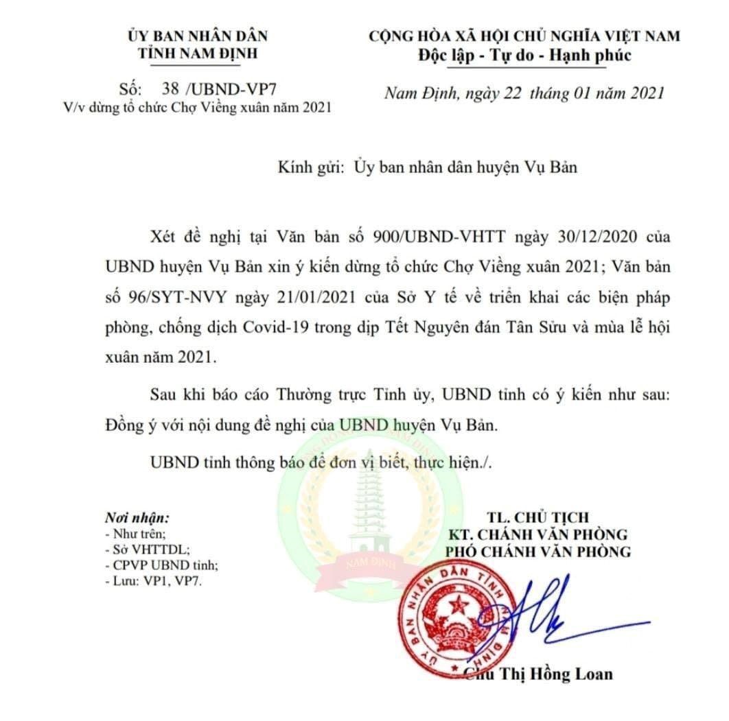 UBND tỉnh Nam Định ban hành văn bản đồng ý dừng tổ chức phiên chợ Viềng xuân 2021